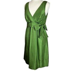 Jenny Yoo 100% Silk Dress 12 Deep V Neck Green Lined Tie Bow Plunge Surplice